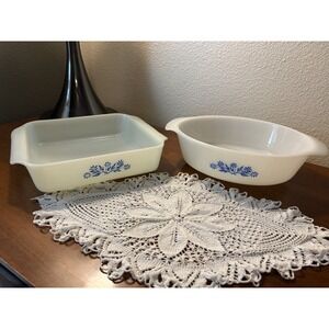 VINTAGE FIRE KING BLUE FLOWER CASSEROLE AND LOAF PAN